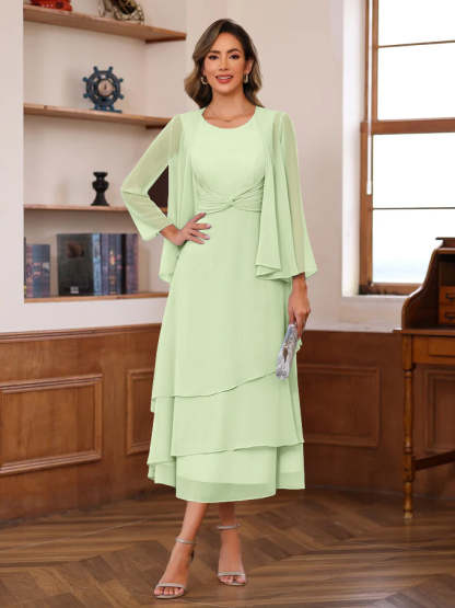Princess A-Line 2-Piece Tea-Length Mother of the Bride Dress with Scoop Neck Ruffles & Jacket