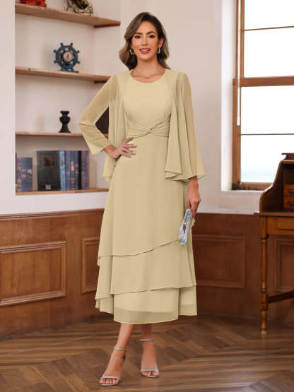 Princess A-Line 2-Piece Tea-Length Mother of the Bride Dress with Scoop Neck Ruffles & Jacket