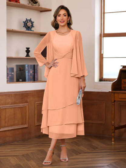 Princess A-Line 2-Piece Tea-Length Mother of the Bride Dress with Scoop Neck Ruffles & Jacket