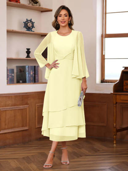 Princess A-Line 2-Piece Tea-Length Mother of the Bride Dress with Scoop Neck Ruffles & Jacket