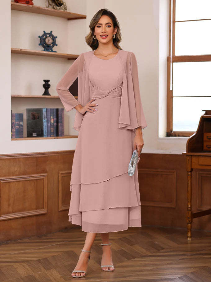 Princess A-Line 2-Piece Tea-Length Mother of the Bride Dress with Scoop Neck Ruffles & Jacket