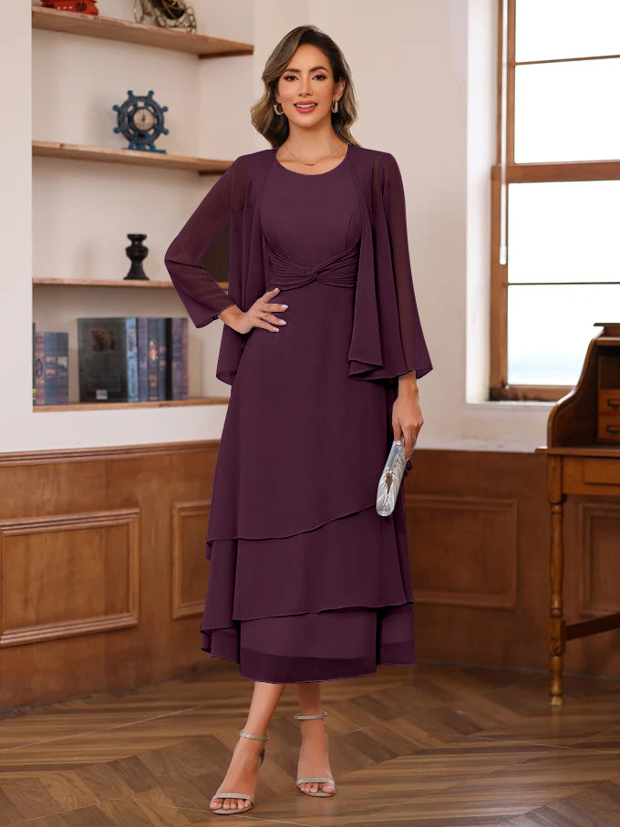 Princess A-Line 2-Piece Tea-Length Mother of the Bride Dress with Scoop Neck Ruffles & Jacket