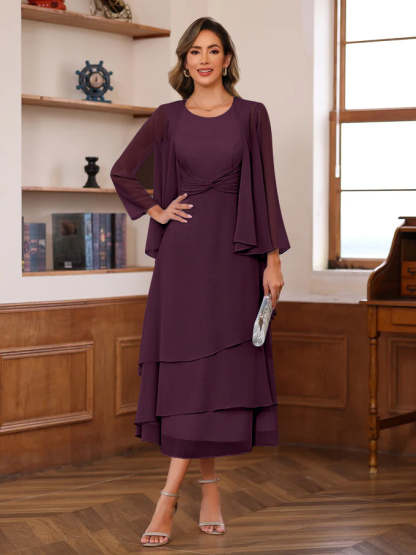 Princess A-Line 2-Piece Tea-Length Mother of the Bride Dress with Scoop Neck Ruffles & Jacket