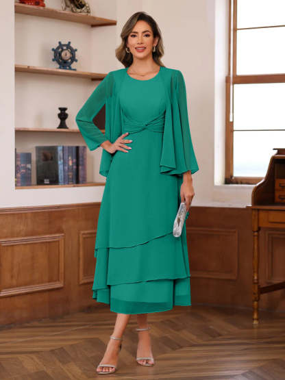 Princess A-Line 2-Piece Tea-Length Mother of the Bride Dress with Scoop Neck Ruffles & Jacket