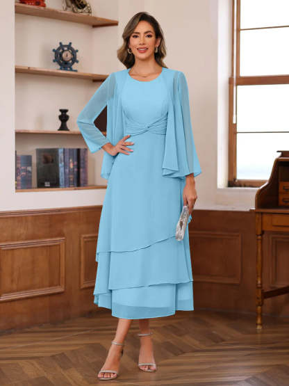 Princess A-Line 2-Piece Tea-Length Mother of the Bride Dress with Scoop Neck Ruffles & Jacket