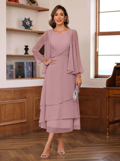 Princess A-Line 2-Piece Tea-Length Mother of the Bride Dress with Scoop Neck Ruffles & Jacket