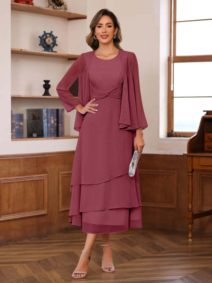 Princess A-Line 2-Piece Tea-Length Mother of the Bride Dress with Scoop Neck Ruffles & Jacket