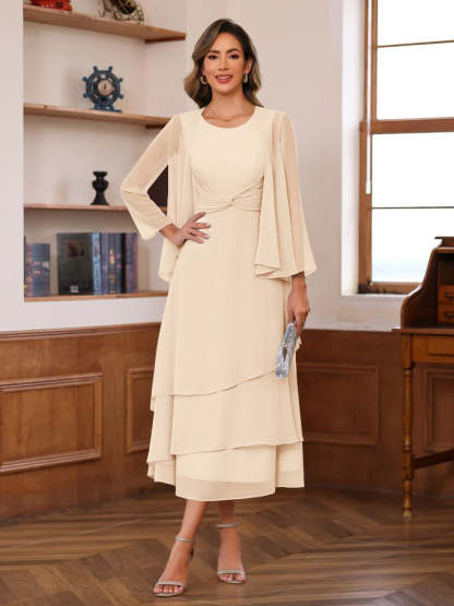 Princess A-Line 2-Piece Tea-Length Mother of the Bride Dress with Scoop Neck Ruffles & Jacket