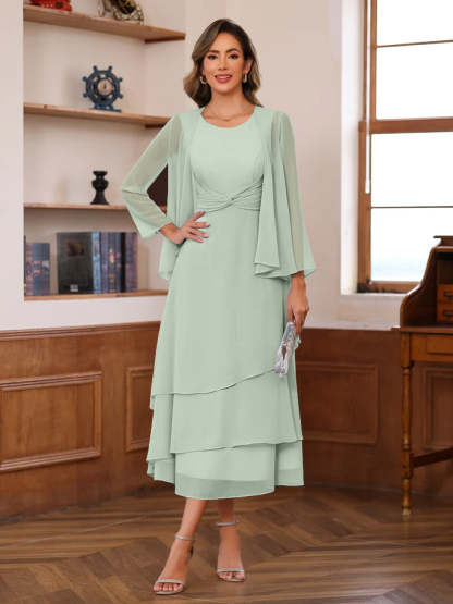 Princess A-Line 2-Piece Tea-Length Mother of the Bride Dress with Scoop Neck Ruffles & Jacket