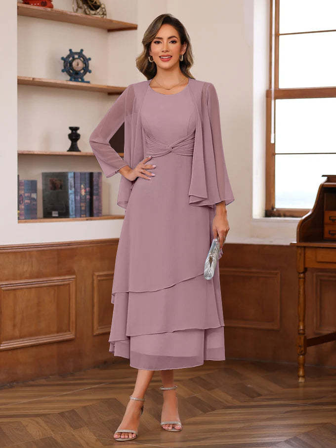 Princess A-Line 2-Piece Tea-Length Mother of the Bride Dress with Scoop Neck Ruffles & Jacket