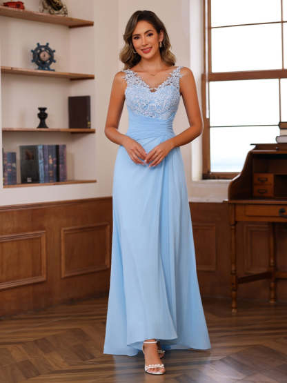 Plus Size V-Neck A-Line Princess Floor-Length Mother of the Bride Dress with Appliques Ruffles & Wrap in 2 Pics-BMbridal.UK