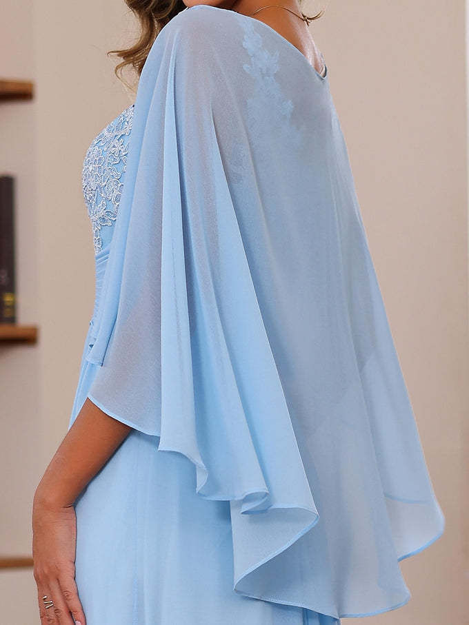 Plus Size V-Neck A-Line Princess Floor-Length Mother of the Bride Dress with Appliques Ruffles & Wrap in 2 Pics-BMbridal.UK