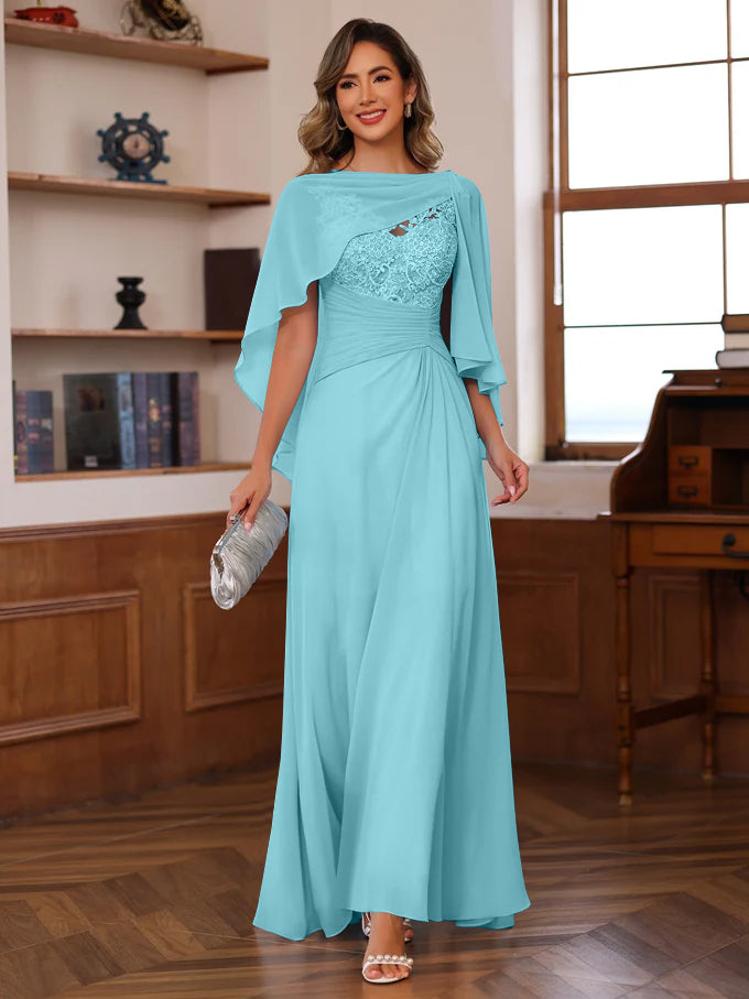 V-Neck A-Line Princess Floor-Length Mother of the Bride Dress with Appliques Ruffles & Wrap in 2 Pics-BMbridal.UK