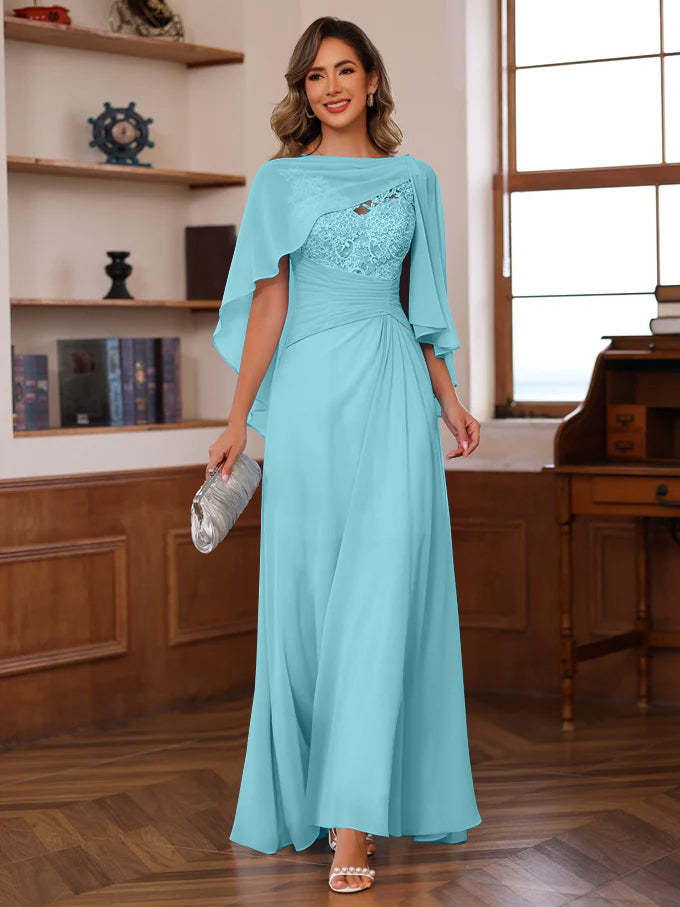 V-Neck A-Line Princess Floor-Length Mother of the Bride Dress with Appliques Ruffles & Wrap in 2 Pics-BMbridal.UK