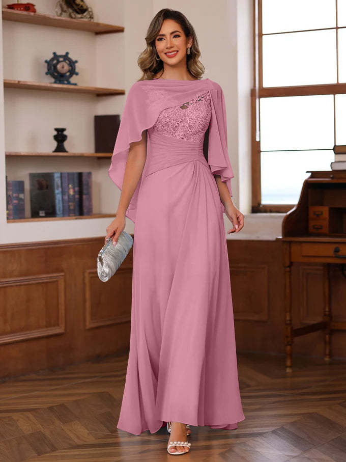 V-Neck A-Line Princess Floor-Length Mother of the Bride Dress with Appliques Ruffles & Wrap in 2 Pics-BMbridal.UK