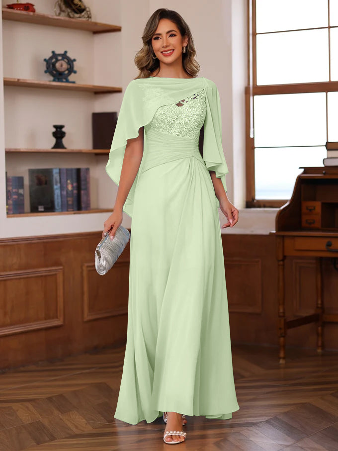 V-Neck A-Line Princess Floor-Length Mother of the Bride Dress with Appliques Ruffles & Wrap in 2 Pics-BMbridal.UK