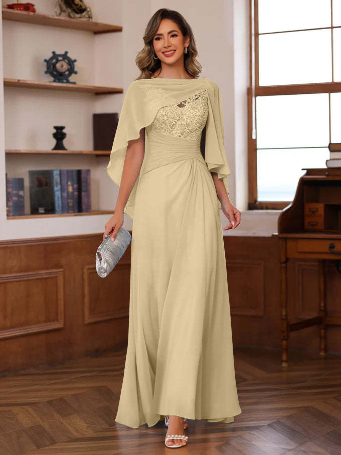 V-Neck A-Line Princess Floor-Length Mother of the Bride Dress with Appliques Ruffles & Wrap in 2 Pics-BMbridal.UK