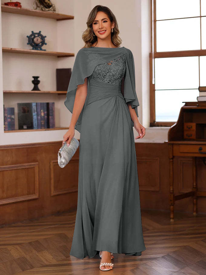 V-Neck A-Line Princess Floor-Length Mother of the Bride Dress with Appliques Ruffles & Wrap in 2 Pics-BMbridal.UK