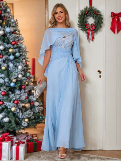 V-Neck A-Line Princess Floor-Length Mother of the Bride Dress with Appliques Ruffles & Wrap in 2 Pics-BMbridal.UK