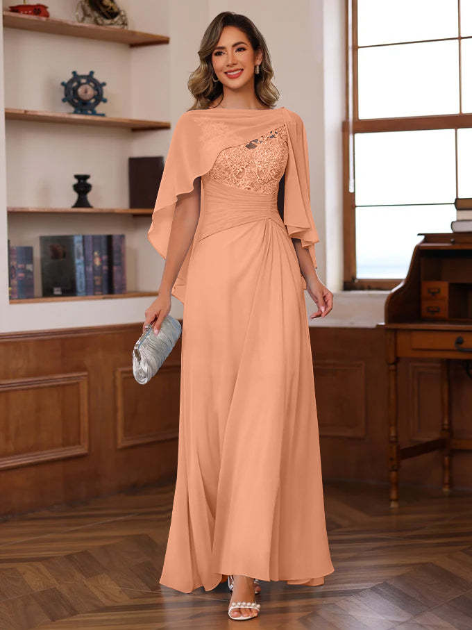 V-Neck A-Line Princess Floor-Length Mother of the Bride Dress with Appliques Ruffles & Wrap in 2 Pics-BMbridal.UK