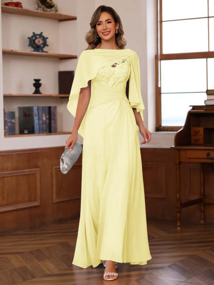 V-Neck A-Line Princess Floor-Length Mother of the Bride Dress with Appliques Ruffles & Wrap in 2 Pics-BMbridal.UK