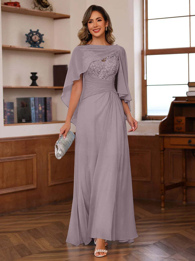 V-Neck A-Line Princess Floor-Length Mother of the Bride Dress with Appliques Ruffles & Wrap in 2 Pics-BMbridal.UK