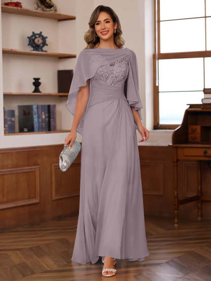 V-Neck A-Line Princess Floor-Length Mother of the Bride Dress with Appliques Ruffles & Wrap in 2 Pics-BMbridal.UK