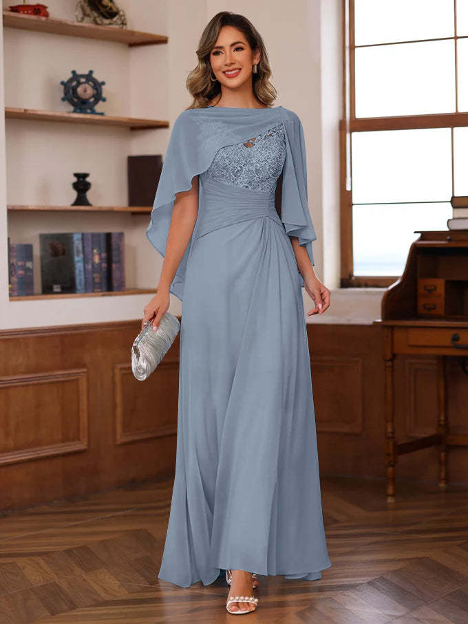 V-Neck A-Line Princess Floor-Length Mother of the Bride Dress with Appliques Ruffles & Wrap in 2 Pics-BMbridal