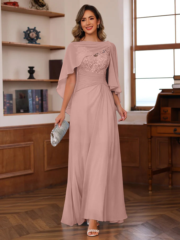 V-Neck A-Line Princess Floor-Length Mother of the Bride Dress with Appliques Ruffles & Wrap in 2 Pics-BMbridal.UK