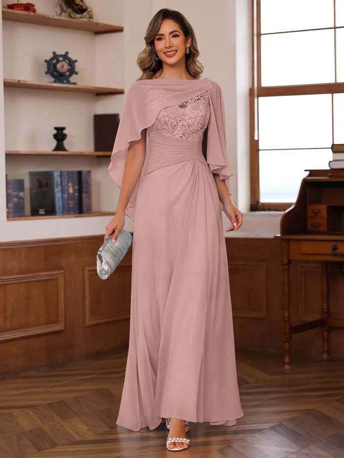 V-Neck A-Line Princess Floor-Length Mother of the Bride Dress with Appliques Ruffles & Wrap in 2 Pics-BMbridal.UK