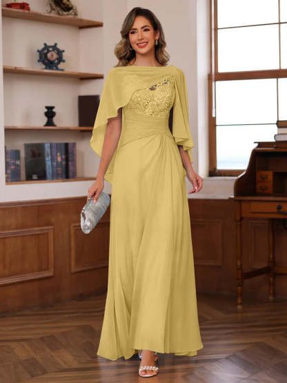 V-Neck A-Line Princess Floor-Length Mother of the Bride Dress with Appliques Ruffles & Wrap in 2 Pics-BMbridal.UK