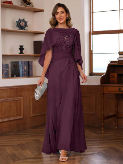 V-Neck A-Line Princess Floor-Length Mother of the Bride Dress with Appliques Ruffles & Wrap in 2 Pics-BMbridal.UK