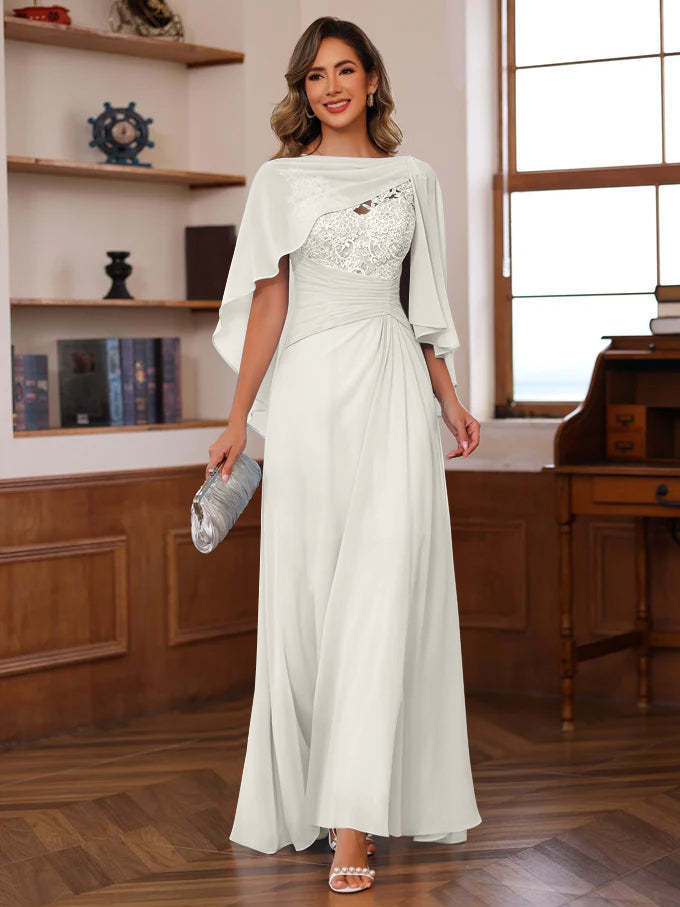 V-Neck A-Line Princess Floor-Length Mother of the Bride Dress with Appliques Ruffles & Wrap in 2 Pics-BMbridal.UK