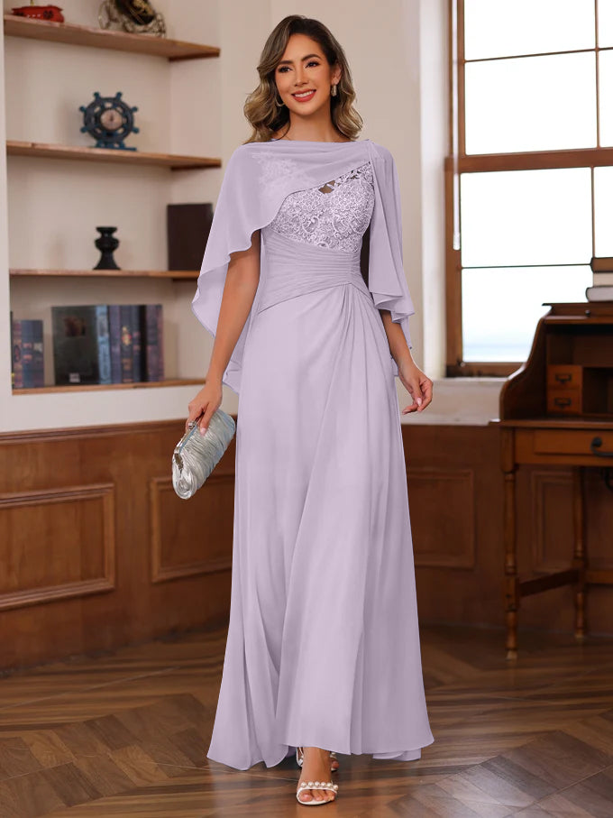 V-Neck A-Line Princess Floor-Length Mother of the Bride Dress with Appliques Ruffles & Wrap in 2 Pics-BMbridal.UK
