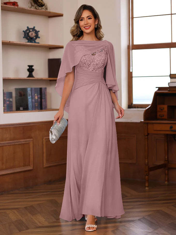V-Neck A-Line Princess Floor-Length Mother of the Bride Dress with Appliques Ruffles & Wrap in 2 Pics-BMbridal.UK