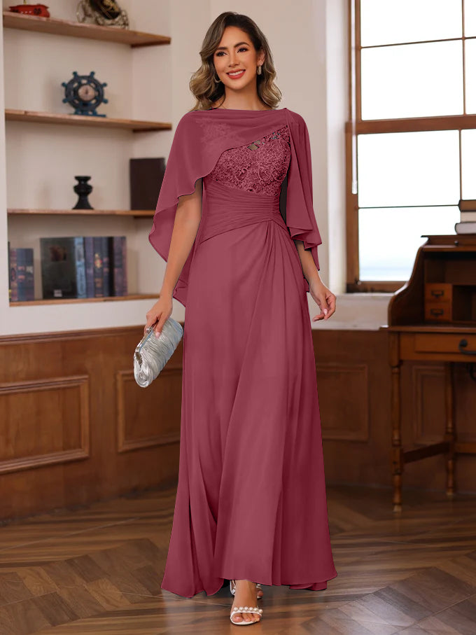 V-Neck A-Line Princess Floor-Length Mother of the Bride Dress with Appliques Ruffles & Wrap in 2 Pics-BMbridal.UK