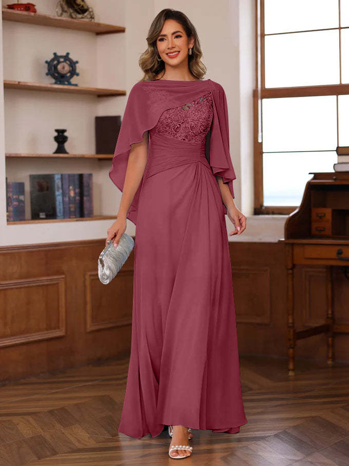 V-Neck A-Line Princess Floor-Length Mother of the Bride Dress with Appliques Ruffles & Wrap in 2 Pics-BMbridal.UK