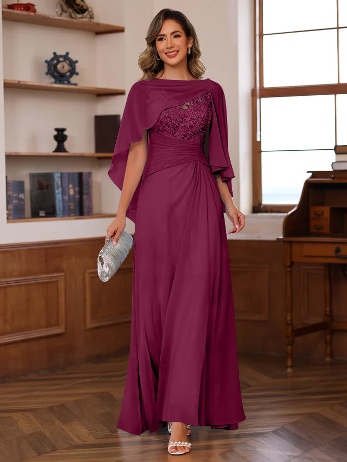V-Neck A-Line Princess Floor-Length Mother of the Bride Dress with Appliques Ruffles & Wrap in 2 Pics-BMbridal.UK