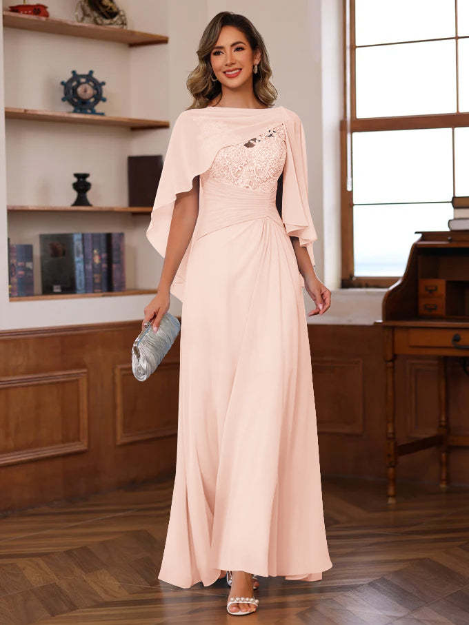 V-Neck A-Line Princess Floor-Length Mother of the Bride Dress with Appliques Ruffles & Wrap in 2 Pics-BMbridal.UK