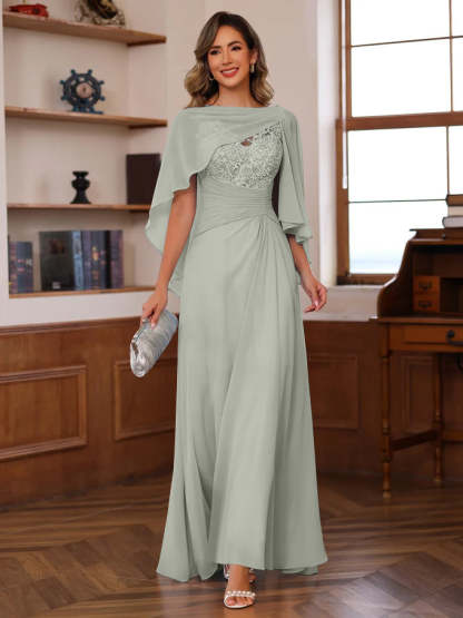 V-Neck A-Line Princess Floor-Length Mother of the Bride Dress with Appliques Ruffles & Wrap in 2 Pics-BMbridal.UK
