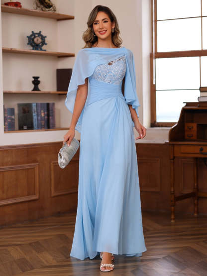 V-Neck A-Line Princess Floor-Length Mother of the Bride Dress with Appliques Ruffles & Wrap in 2 Pics-BMbridal.UK
