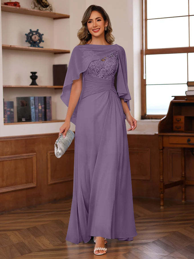 V-Neck A-Line Princess Floor-Length Mother of the Bride Dress with Appliques Ruffles & Wrap in 2 Pics-BMbridal.UK