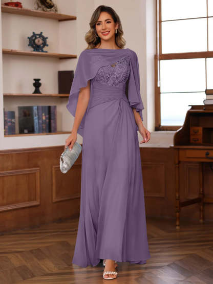 V-Neck A-Line Princess Floor-Length Mother of the Bride Dress with Appliques Ruffles & Wrap in 2 Pics-BMbridal.UK