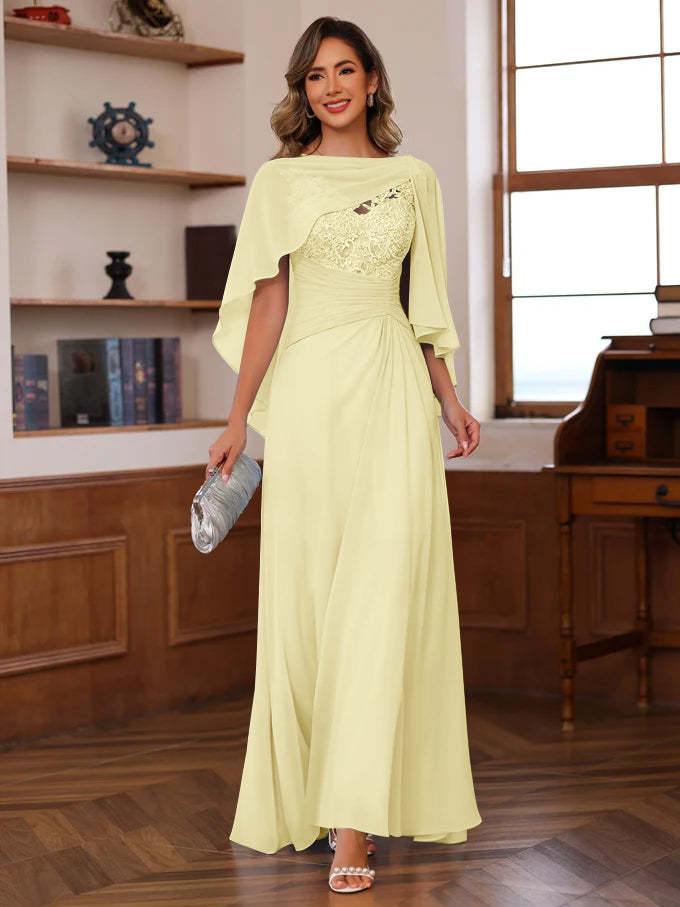V-Neck A-Line Princess Floor-Length Mother of the Bride Dress with Appliques Ruffles & Wrap in 2 Pics-BMbridal.UK
