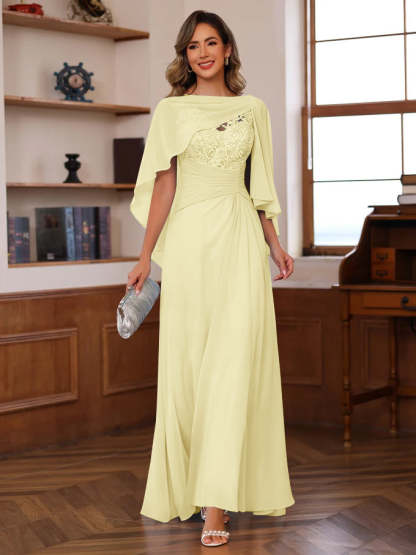 V-Neck A-Line Princess Floor-Length Mother of the Bride Dress with Appliques Ruffles & Wrap in 2 Pics-BMbridal.UK