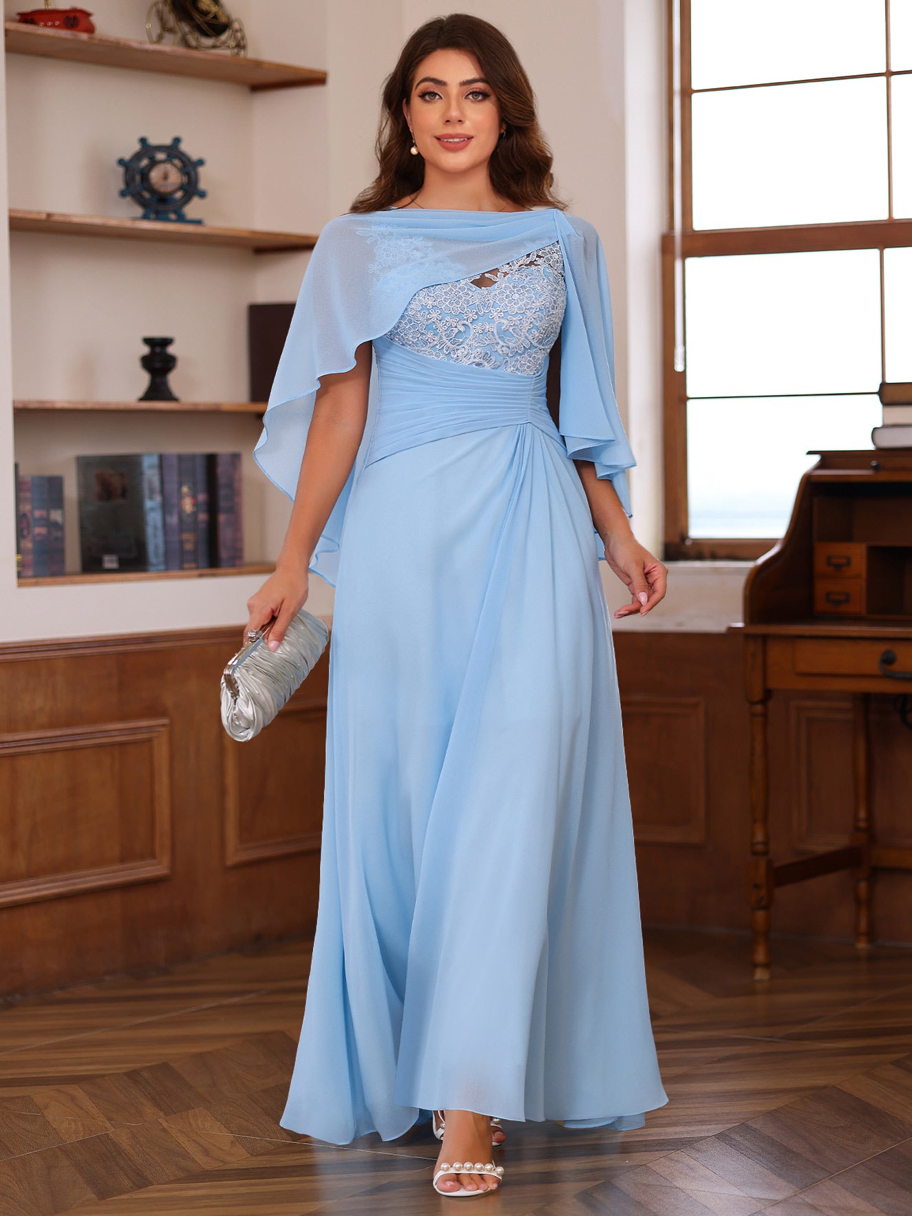 Plus Size V-Neck A-Line Princess Floor-Length Mother of the Bride Dress with Appliques Ruffles & Wrap in 2 Pics-BMbridal.UK