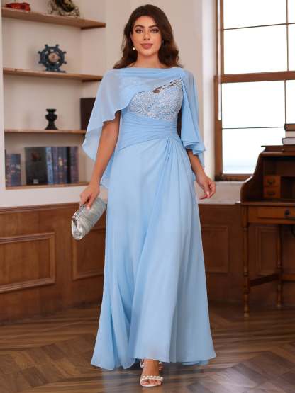 Plus Size V-Neck A-Line Princess Floor-Length Mother of the Bride Dress with Appliques Ruffles & Wrap in 2 Pics-BMbridal.UK