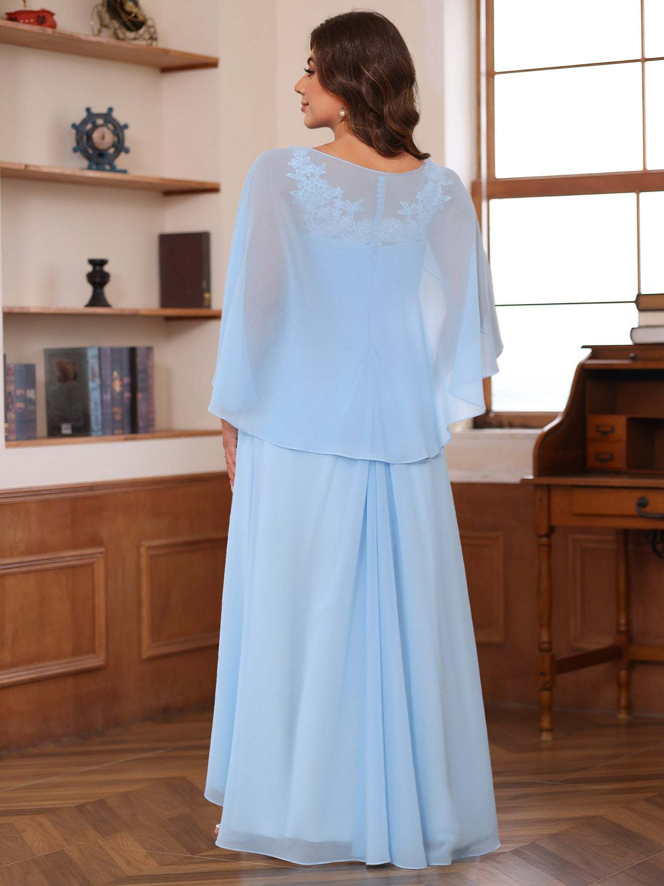 Plus Size V-Neck A-Line Princess Floor-Length Mother of the Bride Dress with Appliques Ruffles & Wrap in 2 Pics-BMbridal.UK