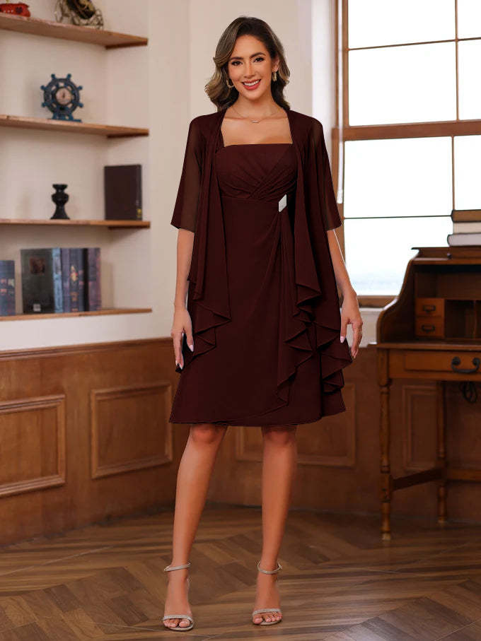 Knee-Length Square Neck A-Line Mother of the Bride Dresses With Ruffles and Jacket