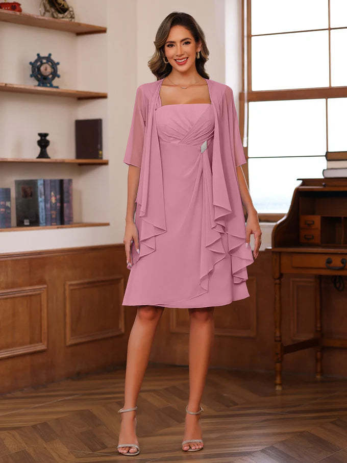 Knee-Length Square Neck A-Line Mother of the Bride Dresses With Ruffles and Jacket
